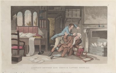 Conflict Between Quae Genus og Advokat Gripe-all, fra The History of Johnny Q..., 1. oktober 1821. av Thomas Rowlandson