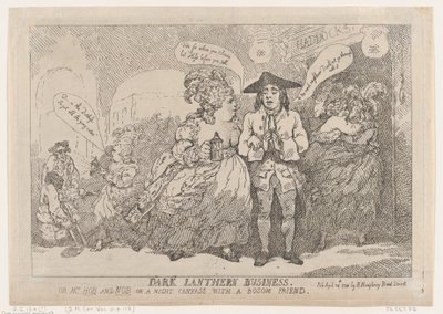Dark Lantern Business, eller, Mrs. Hob and Nob på et nattlerret med en barm fre..., 24. april 1784. av Thomas Rowlandson