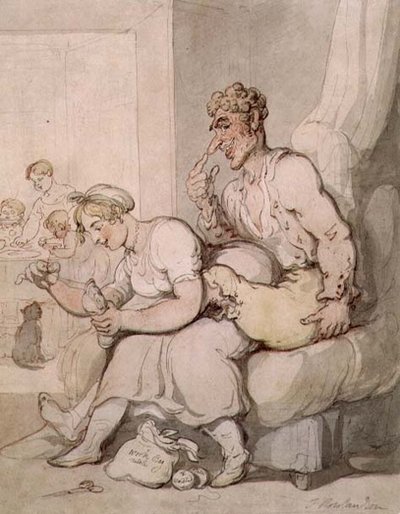 Darning The Sock (penn og blekk, akvarell) av Thomas Rowlandson