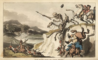 Døden med pilen sin på en skjeletthest rir over en klippe mens en uheldig jeger og hundene hans faller i døden. Andre jakthunder river i stykker en hjort. Håndfarget kobberplate tegnet og gravert av Thomas Rowlandson fra The English Dance of Death, av Thomas Rowlandson