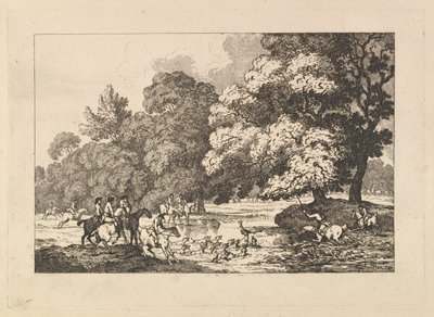 Deer Hunting - En landskapsscene med hjort og hunder i en elv, 1787. av Thomas Rowlandson