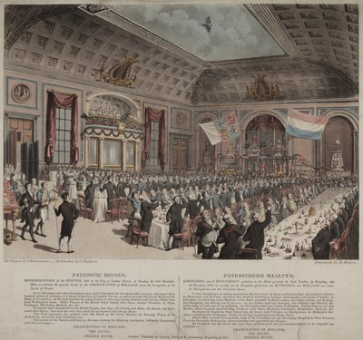 Middag for å feire frigjøringen av Holland fra Frankrike, City of London Tavern, Bishopsgate, 1814 (akvatint) av Thomas Rowlandson