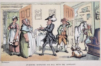 Lege som bestrider en regning (på et hotell?) - i "" Doctor Syntax sine tre turer: på jakt etter den pittoreske trøsten og en kone"" av William Combe, ill. Rowlandson av Thomas Rowlandson