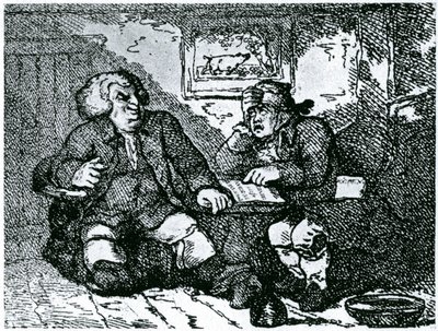 Dr. Johnson og James Boswell kommer seg etter en bakrus etter en natt på byen av Thomas Rowlandson