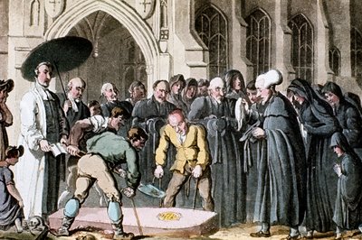 Dr. Syntax så konas kiste senkes ned i graven, 1820 av Thomas Rowlandson