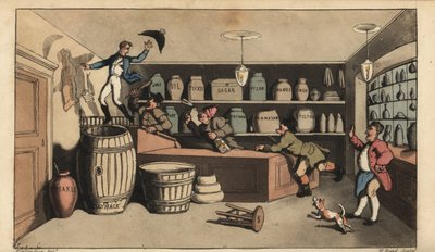 Full Johnny forfulgt av nattevakter i en butikk som var i ferd med å falle ned i en tønne med smør. Håndfarget kobberstikk av W. Lest etter en illustrasjon av Thomas Rowlandson fra Alfred Burtons The Adventures of Johnny Newcombe in the Navy, Si av Thomas Rowlandson