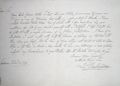 Tidligste kjente brev fra kunstneren til en Mr Downs, en potensiell beskytter, 8. desember 1797 (penn og blekk på papir) av Thomas Rowlandson