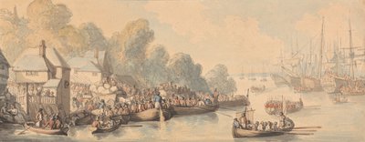 Ombordstigning i Southampton, 20. juni 1794 (akvarell og penn og brunt, grått og rødbrunt blekk over grafitt på middels, lett strukturert, kremvevd papir) av Thomas Rowlandson