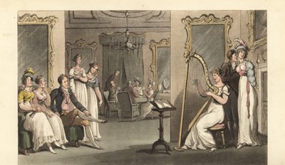 Engelsk herremann og damer som lytter til en harpist på et ball av Thomas Rowlandson
