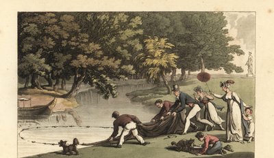 Engelsk herremann og ansatte som fisker i en elv av Thomas Rowlandson