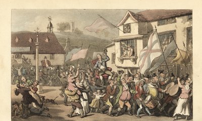 Engelsk gentleman båret i en sedanstol til et valg av Thomas Rowlandson