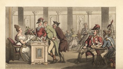 Engelsk gentleman flørter med Fair Limonadiere på en kafé i paris av Thomas Rowlandson