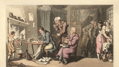 Engelsk herre som skriver et tiggerbrev i en nedslitt salong av Thomas Rowlandson