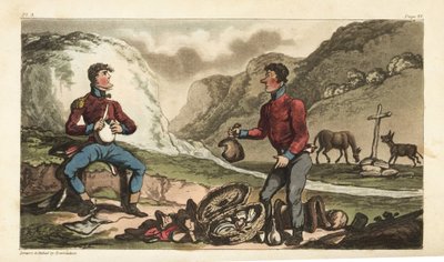 Ensign Johnny Newcome og hans Subaltern spiser frokost med skinke, biff, kjeks og konjakk i en veikant i Portugal. Håndfarget kobberstikk tegnet og etset av Thomas Rowlandson fra oberst David Roberts