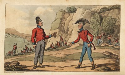 Fenrik Johnny Newcome og hans Subaltern på halve rasjoner etter slaget ved Salamanca. Soldater begraver de døde, mens andre hviler i nærheten av leiren deres. Håndfarget kobberstikk tegnet og etset av Thomas Rowlandson fra oberst David Roberts