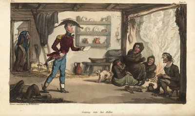Fenrik Johnny Newcome ankommer billetten til Subalternter i Portugal, en by med skitne tiggere. Håndfarget kobberstikk tegnet og etset av Thomas Rowlandson fra oberst David Roberts