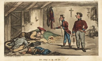 Fenrik Johnny Newcome har dysenteri på billetten i Medina, Spania. Håndfarget kobberstikk tegnet og etset av Thomas Rowlandson fra oberst David Roberts' The Military Adventures of Johnny Newcome, Martin, London av Thomas Rowlandson