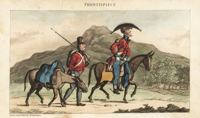 Fenrik Johnny Newcome rir på en hest akkompagnert av en subaltern med pakkehest i Portugal. Håndfarget kobberstikk tegnet og etset av Thomas Rowlandson fra oberst David Roberts