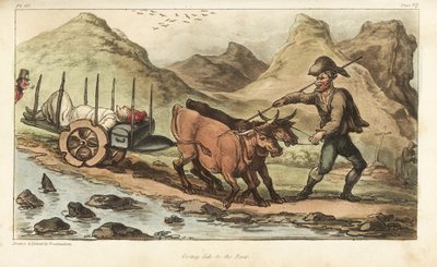 Fenrik Johnny Newcome, syk av dysenteri, tatt med oksevogn til Salamanca, Spania. Håndfarget kobberstikk tegnet og etset av Thomas Rowlandson fra oberst David Roberts