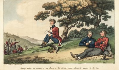 Ensign Johnny Newcome skriver et brev til sin mor som beskriver slaget ved Salamanca av Thomas Rowlandson