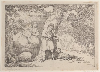 Spelemann, sjømann, to kvinner og en gris ved en hytte, 1816., 1816. av Thomas Rowlandson