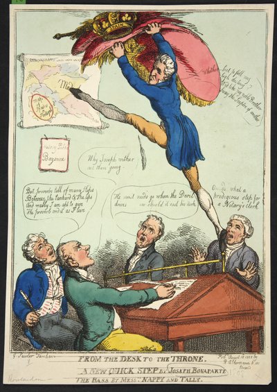 Fra skrivebordet til tronen. Et nytt raskt steg av Joseph Bonaparte. The Bass av Mrs Nappy and Talley, pub. 1808 (håndfarget gravering) av Thomas Rowlandson