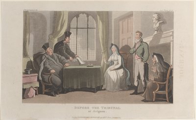 Frontispice: Before the Tribunal at Avignon, fra Journal of Sentimental Travels in the ..., 1821. av Thomas Rowlandson
