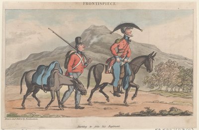Frontispice: Begynner å bli med i regimentet hans, fra The Military Adventures of Johnny Newco..., 1815. av Thomas Rowlandson