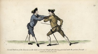 Gentleman fekter i den andre posisjonen til Disarm på Carte eller Second Thrust, etter Prime Parade-pareringen. Håndfarget kobberstikk etter en illustrasjon av Thomas Rowlandson fra Mr. Domenico Angelo