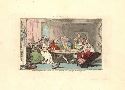 Gentleman prøver å spille footsie med en skjønnhet ved bordet. av Thomas Rowlandson