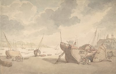 Havnescene med tidevannet ute, og strandede båter, 1775-1827. av Thomas Rowlandson