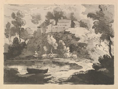 Hilly River Landscape, en båt i vannet til venstre i forgrunnen, en figur på Far Shor..., 1783-84. av Thomas Rowlandson