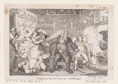 Vertinne tømmer en panne med blod i ansiktet til Parson Andrews, fra The Adventures of..., 1792. av Thomas Rowlandson
