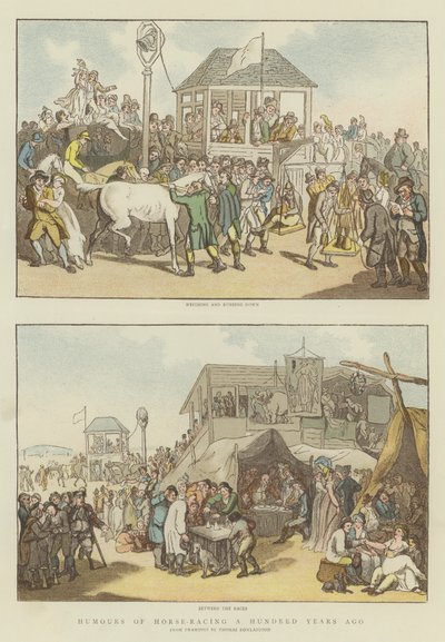 Humor om hesteveddeløp for hundre år siden (chromolitho) av Thomas Rowlandson