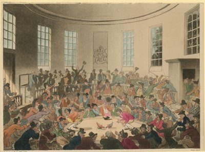 Illustrasjon som viser en folkemengde som ser på en hanekamp av Thomas Rowlandson