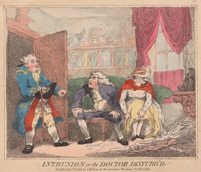 Intrusion or the Doctor Disturbd, pub. 1786 (håndfarget gravering) av Thomas Rowlandson