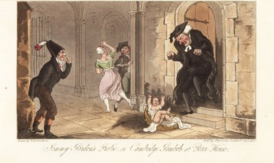 James Gordon, en beryktet Cambridge-rus, etterlater seg en baby som en spøk foran huset til en universitetsdekan. Jemmy Gordons Frolic, eller Cambridge Gambols på Peter House. Håndfarget kobberplate tegnet og gravert av Thomas Rowlandson fra The English Sp av Thomas Rowlandson