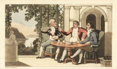 Johnny og venner drikker og synger på en terrasse med utsikt over Themsen. Håndfarget kobberstikk av Thomas Rowlandson fra William Combes The History of Johnny Quae Genus, the Little Foundling of the late Doctor Syntax. av Thomas Rowlandson