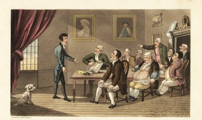 Johnny og kreditorene hans. De stakkars herrene står overfor et rom fullt av handelsmenn og butikkeiere som krever tilbakebetaling av gjelden hans. Håndfarget kobberstikk av Thomas Rowlandson fra William Combes The History of Johnny Quae Genus, the Little  av Thomas Rowlandson