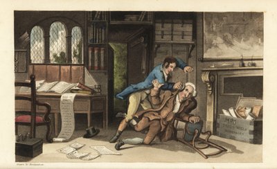 Johnny angrep advokat Gripe-all på kontoret sitt etter å ha blitt snytt for 100 pund. Håndfarget kobberstikk av Thomas Rowlandson fra William Combes The History of Johnny Quae Genus, the Little Foundling of the late Doctor Syntax. av Thomas Rowlandson