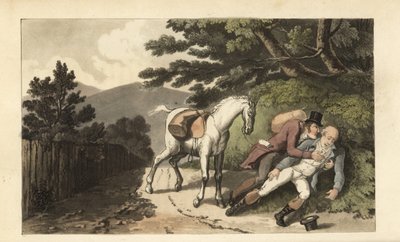 Johnny hjelper en reisende som har blitt kastet fra hesten sin. Håndfarget kobberstikk av Thomas Rowlandson fra William Combes The History of Johnny Quae Genus, the Little Foundling of the late Doctor Syntax. av Thomas Rowlandson