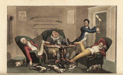 Johnny på en sportslig finale: Johnny med lysestaker lar tre fulle jegere sove i en spisestue med tomme vinflasker og sovende hunder. Håndfarget kobberstikk av Thomas Rowlandson fra William Combes The History of Johnny Quae av Thomas Rowlandson