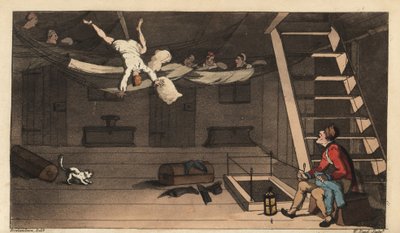 Johnny faller ut av hengekøyen i hytta hans. Håndfarget kobberstikk av W. Lest etter en illustrasjon av Thomas Rowlandson fra Alfred Burtons The Adventures of Johnny Newcombe in the Navy, Simpkin, London av Thomas Rowlandson
