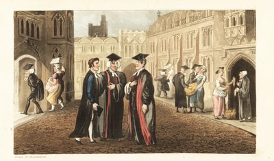 Johnny i kapper snakker med Dons ved Oxford University, mens andre lærde og studenter kjøper mais fra kjøpmenn og molester tjenestepiker. Håndfarget kobberstikk av Thomas Rowlandson fra William Combes The History of Johnny Quae Genus, the Little Foun av Thomas Rowlandson