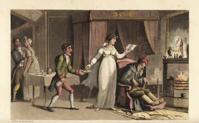 Johnny i tjeneste for gjerrigen John Squeeze og hans forsiktige niese Amelia Squeeze. Johnny tar med et glass medisin til den døende gamle mannen. Håndfarget kobberstikk av Thomas Rowlandson fra William Combes The History of Johnny Quae Genus, th av Thomas Rowlandson