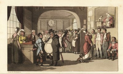 Johnny søker jobb ved et registerkontor for hushjelp. Menn og kvinner med monokler undersøker bærere, hushjelper og annet personale. Håndfarget kobberstikk av Thomas Rowlandson fra William Combes The History of Johnny Quae Genus, the Lit av Thomas Rowlandson