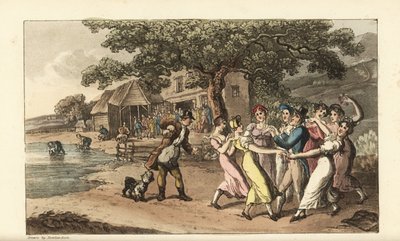 Johnny spiller sin fløyte på en saueklippefestival, omgitt av dansende countryjenter. Hyrder klipper sauer i en låve og vasker dem i en dam. Håndfarget kobberstikk av Thomas Rowlandson fra William Combes The History of Johnny Quae Gen av Thomas Rowlandson