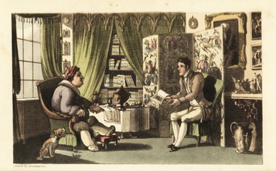 Johnny leser for Sir Jeffery Gourmand i hans arbeidsrom. Håndfarget kobberstikk av Thomas Rowlandson fra William Combes The History of Johnny Quae Genus, the Little Foundling of the late Doctor Syntax. av Thomas Rowlandson