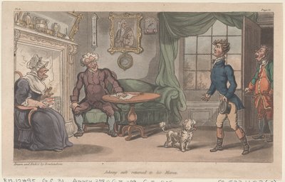 Johnny safe kom tilbake til mammaen sin, fra The Military Adventures of Johnny Newcome, 1815., 1815. av Thomas Rowlandson