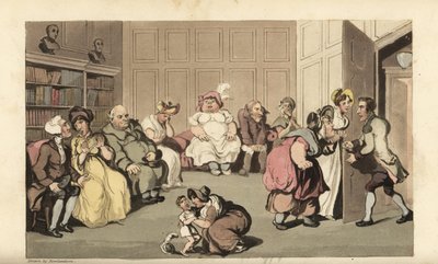 Johnny med andre pasienter på kvaksalverdoktor Anodynes venterom. Håndfarget kobberstikk av Thomas Rowlandson fra William Combes The History of Johnny Quae Genus, the Little Foundling of the late Doctor Syntax. av Thomas Rowlandson